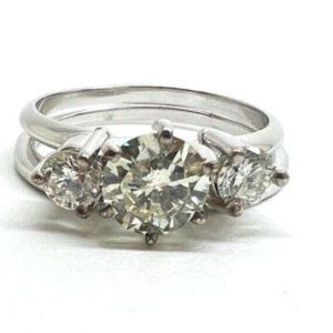 14k White Gold 3 Stone Diamond Engagment + Wedding Ring Set 1.4 CTS Size 8